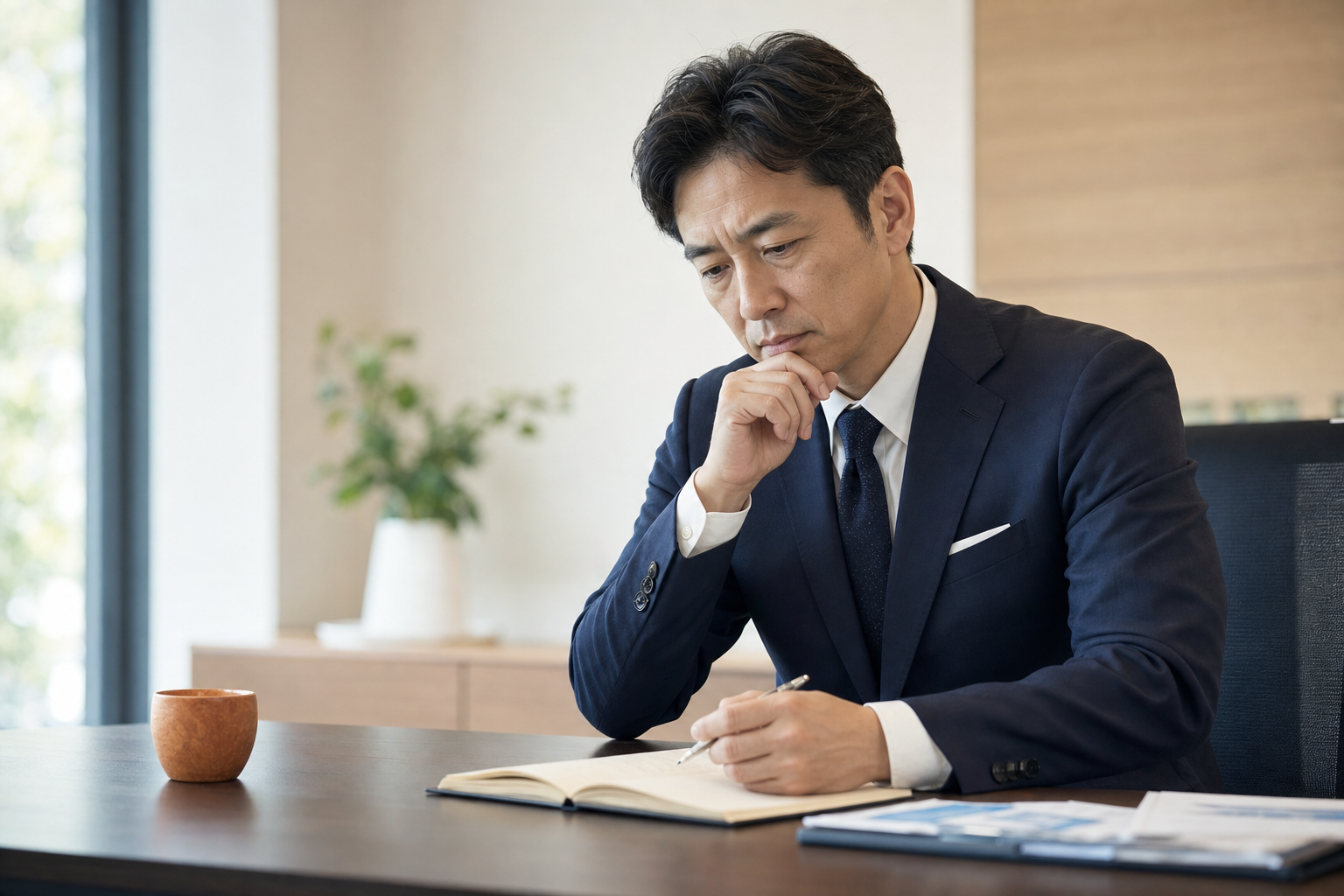 事業の課題について考えるスーツ姿の経営者